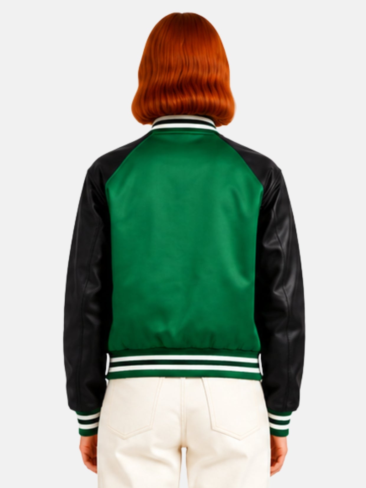 Back view of green satin varsity jacket with black satin sleeves