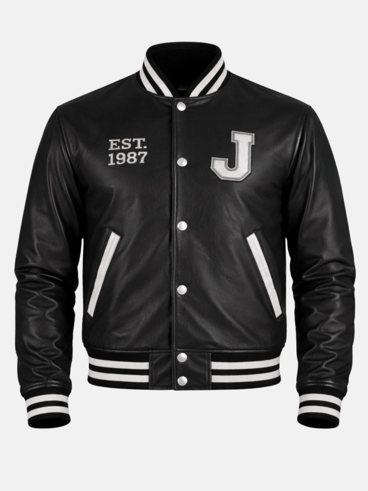 All black leather letterman jacket with white snaps, J patch and striped trims
