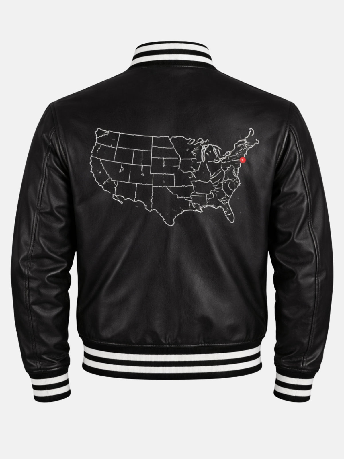 USA map outline with red marker embroidered on back of black leather letterman jacket