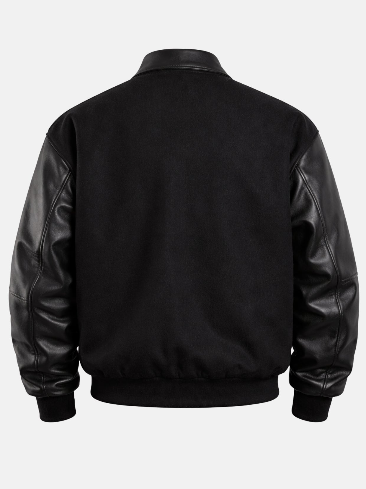 Clean patch-free back of an all-black varsity jacket with leather sleeves, flat shot