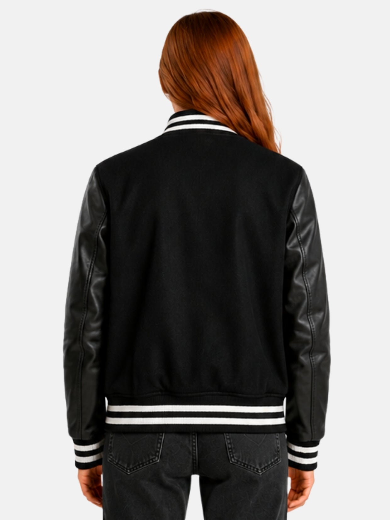 Back view of womens all black varsity jacket with clean, patch-free back panel