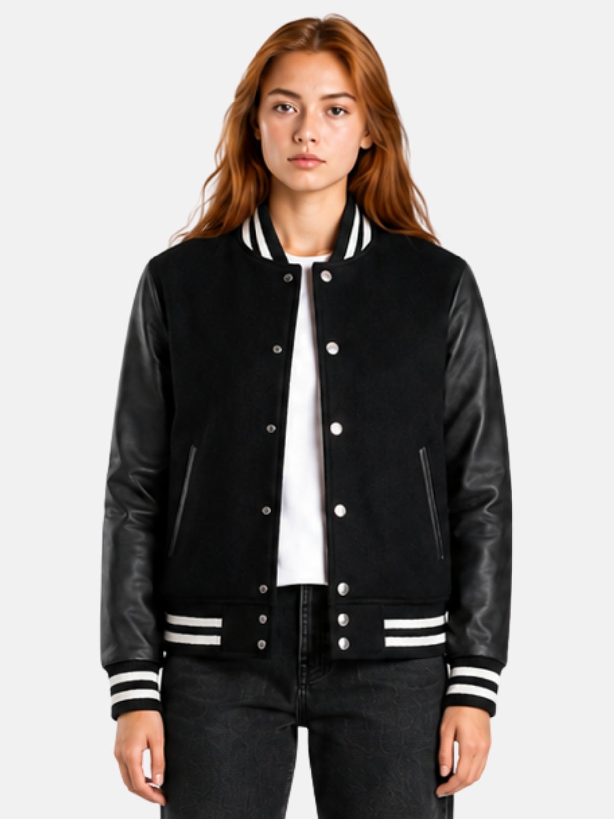 Woman wearing an all black varsity jacket with leather sleeves and striped trims