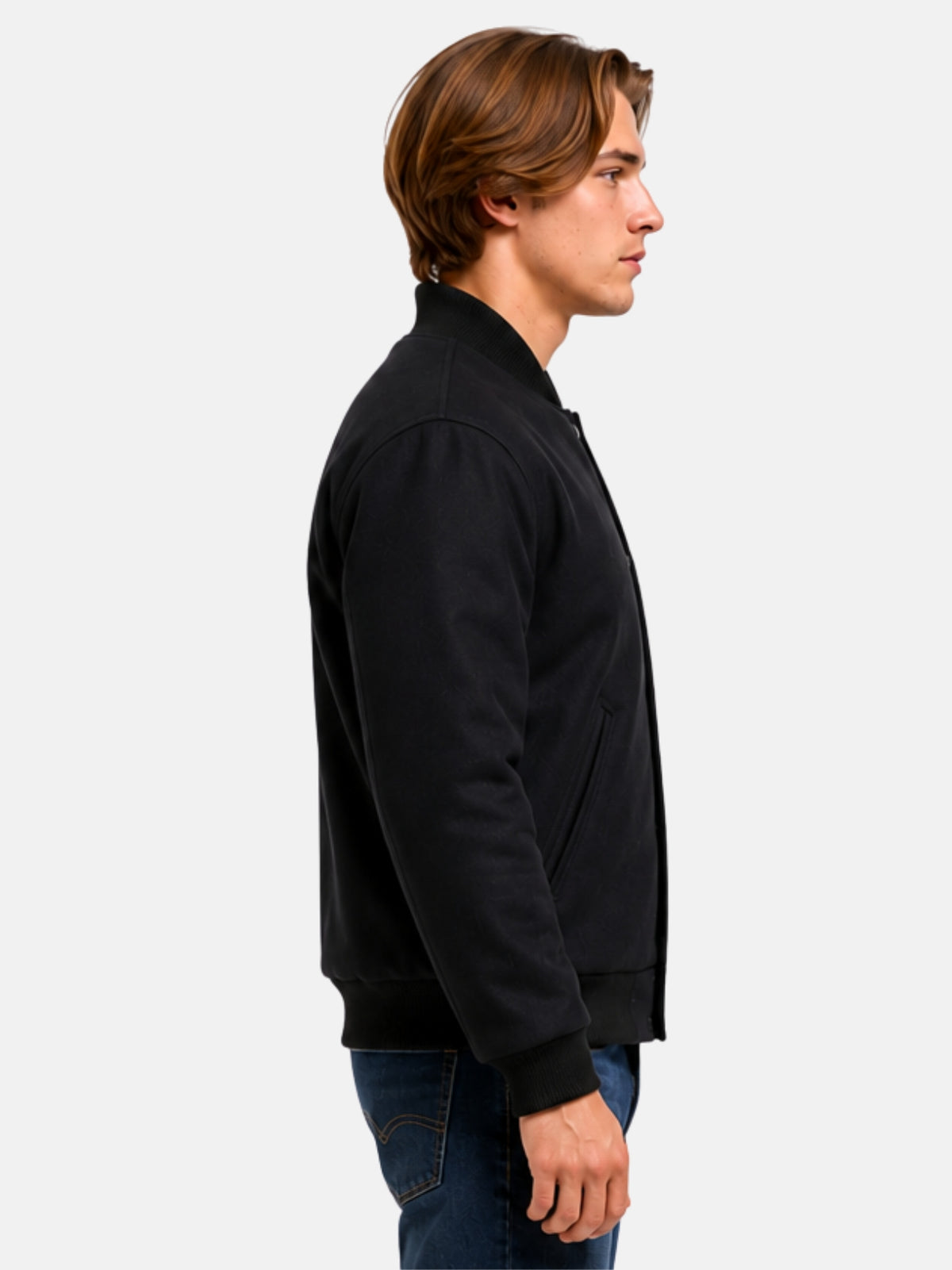 Side profile of all black wool varsity jacket showing ribbed collar and cuff