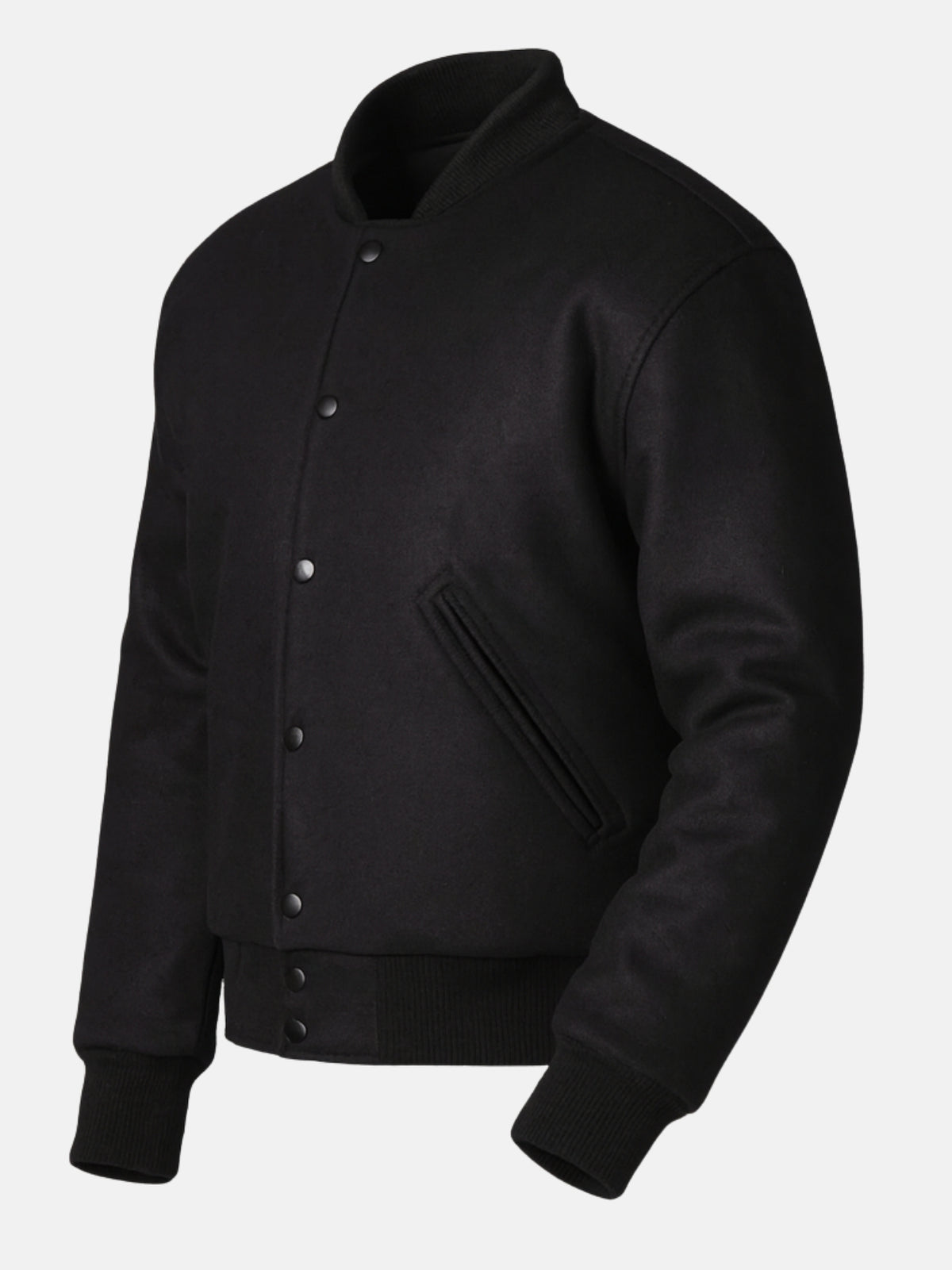 Angled front view of all black wool varsity jacket with snap placket and hem tab