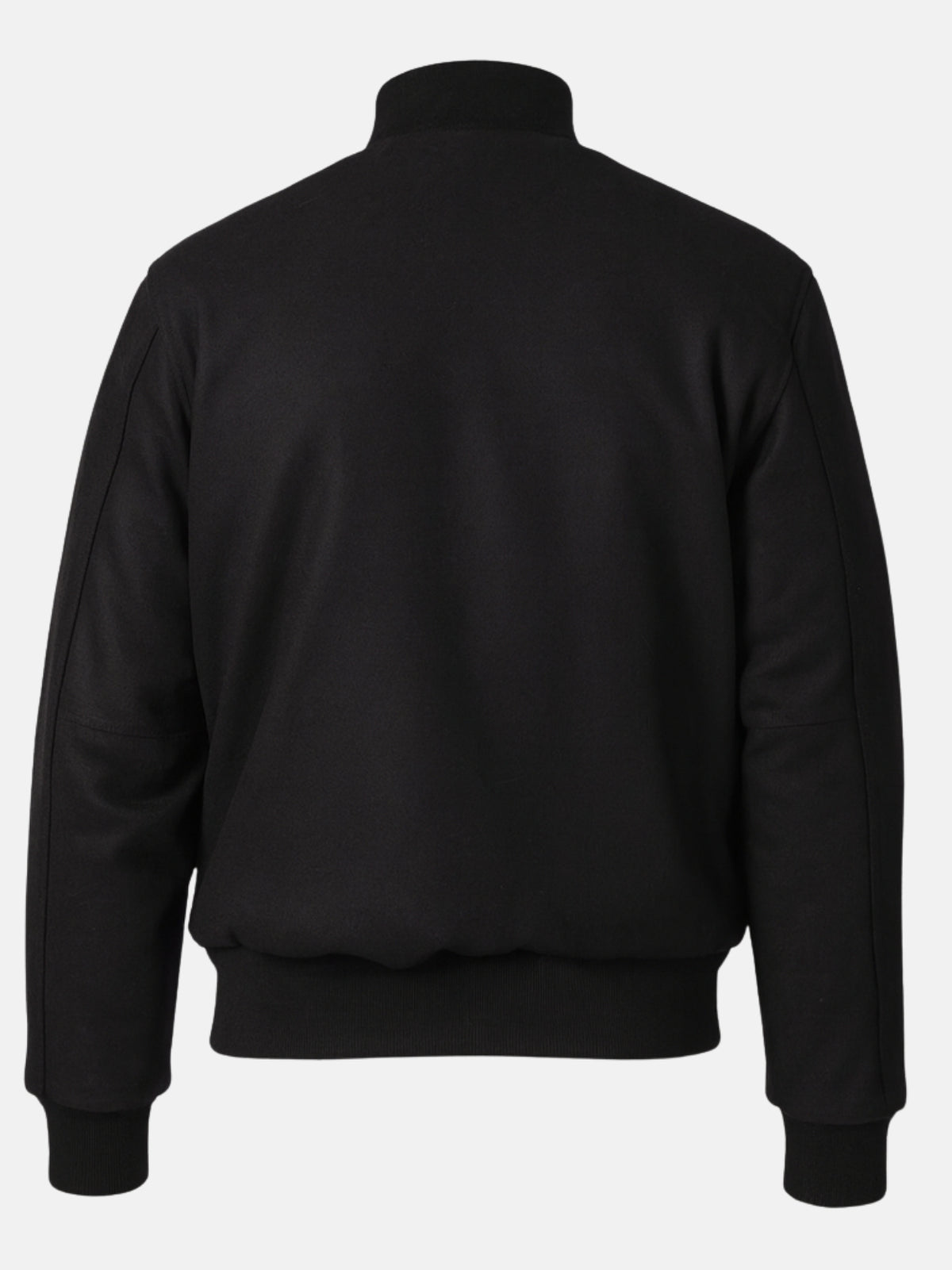 Flat back shot of all black wool varsity jacket with solid ribbed hem