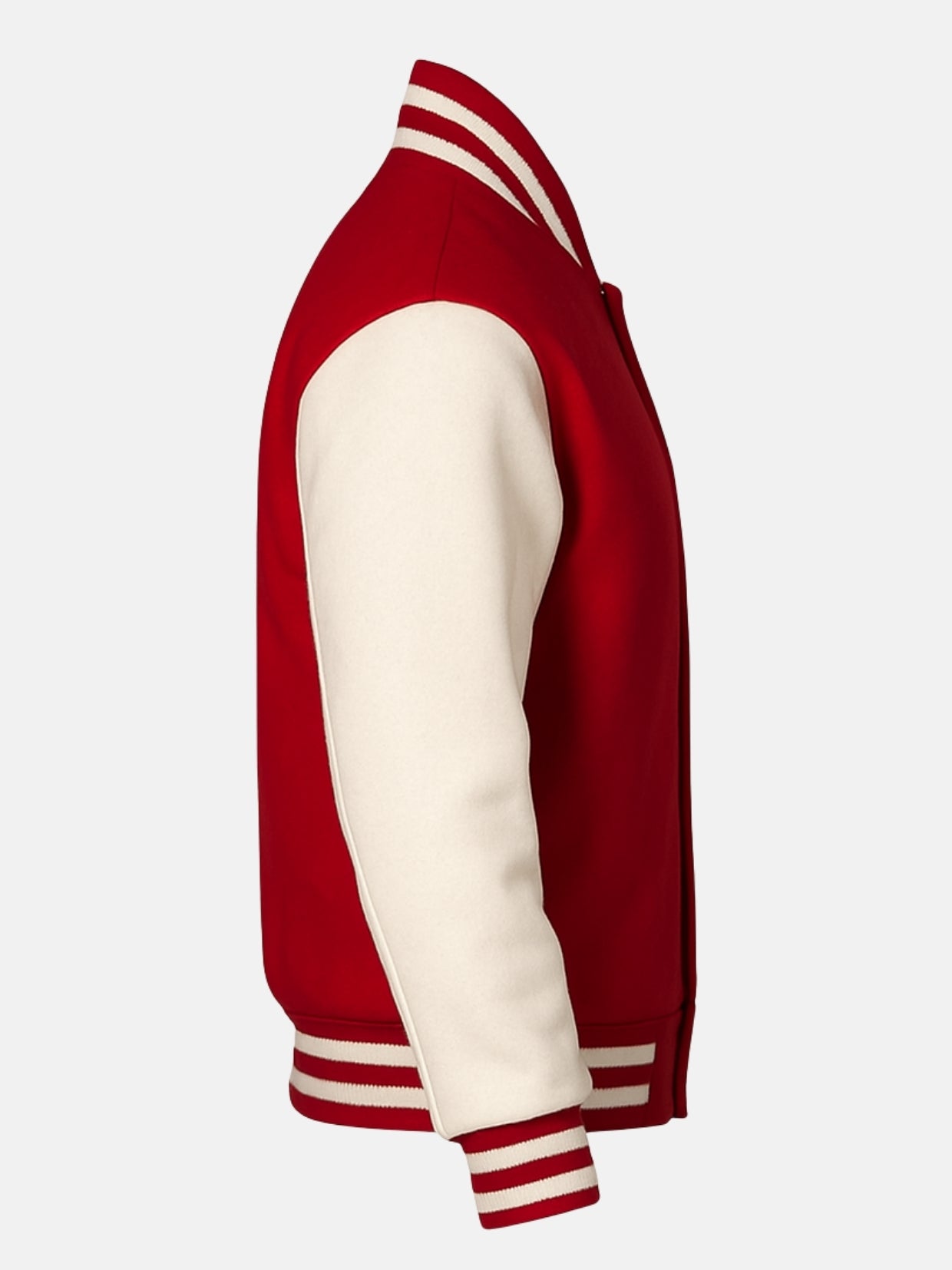 Red and white all wool varsity jacket with snap front and ribbed trim, right side view