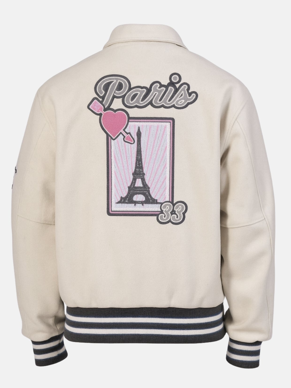 Flat back shot of cream varsity jacket with embroidered Paris postcard artwork