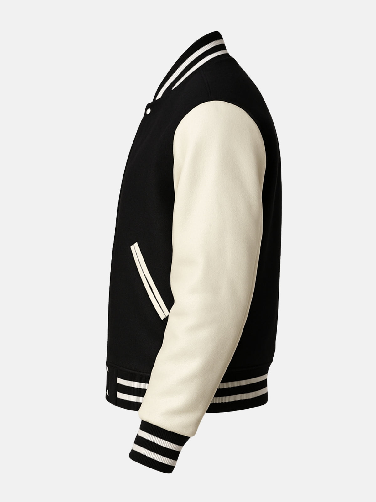 Side view of black and white varsity jacket with striped hem and cuffs
