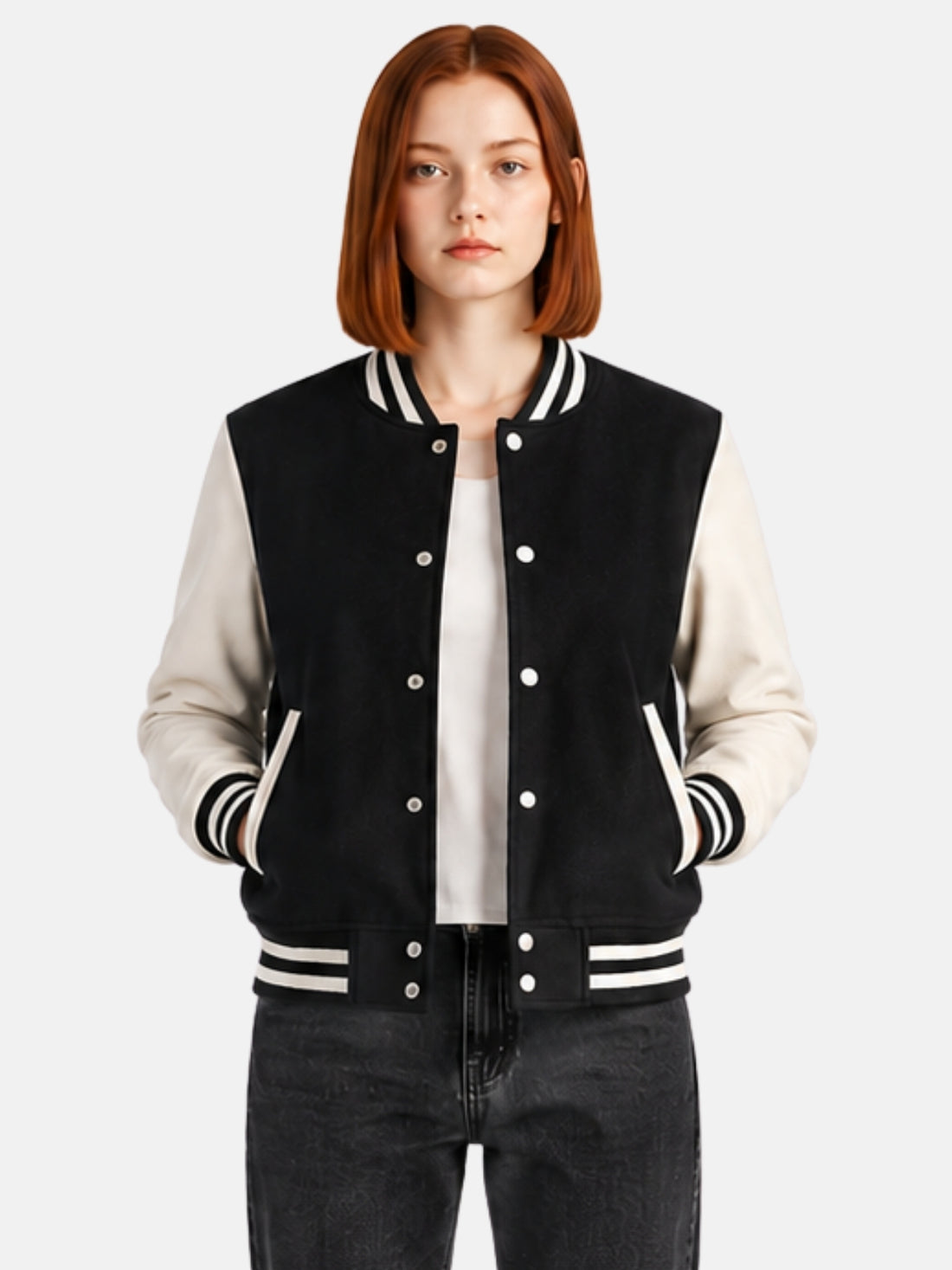 Woman wearing a black and white varsity jacket with cream leather sleeves