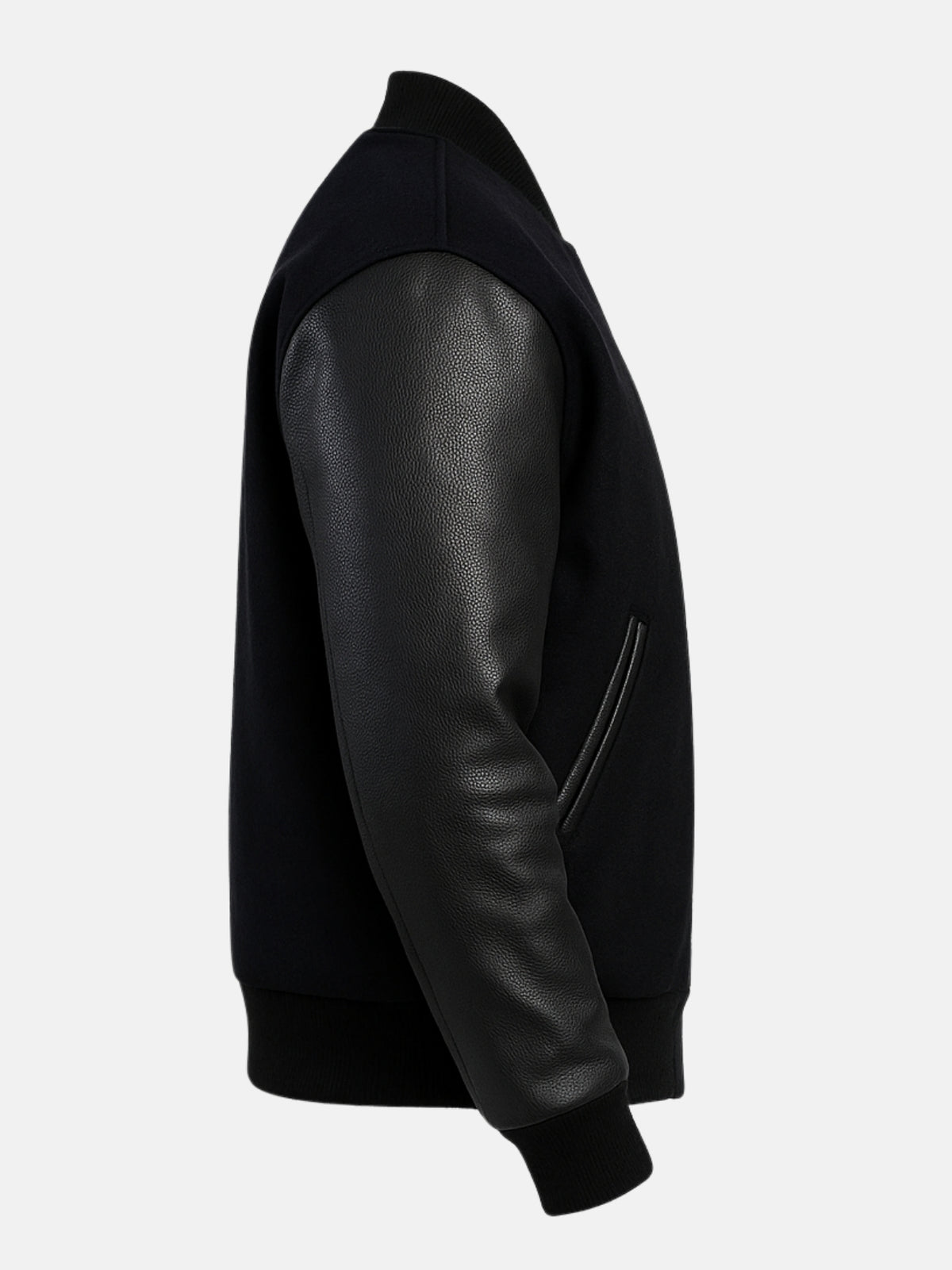 Pebbled top grain cowhide sleeve in black on wool bomber jacket, profile view
