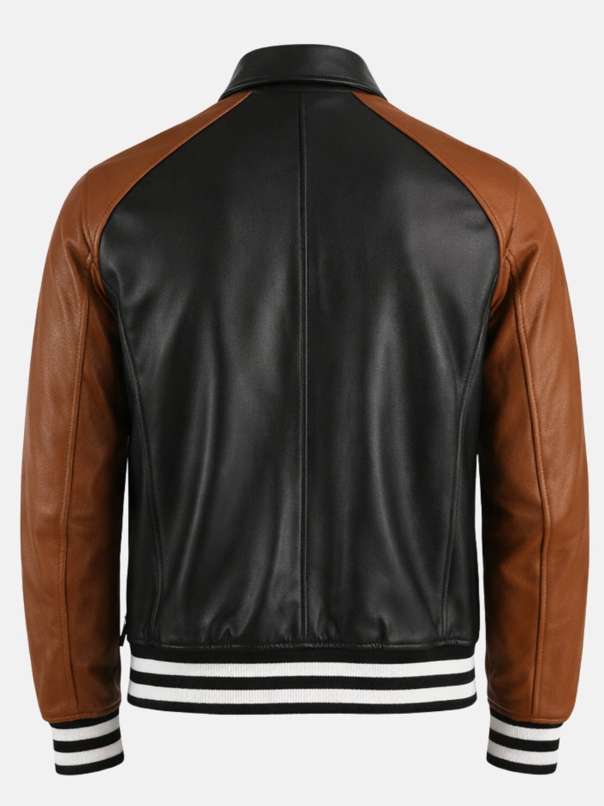 Back of black and brown leather varsity jacket with striped hem