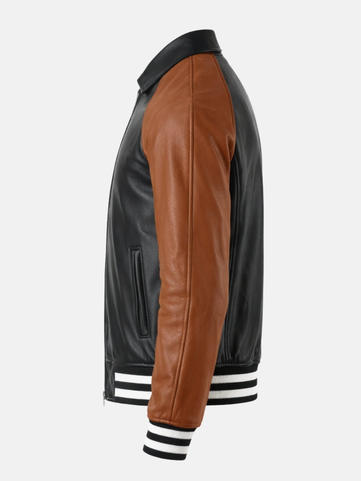Raglan seam and brown sleeve on black leather varsity jacket, side profile