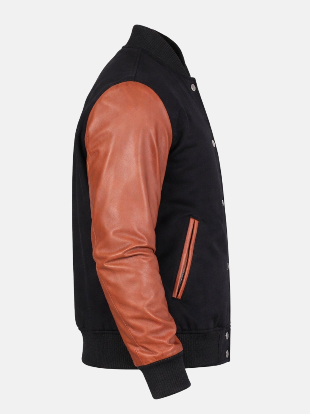 Brown-piped welt pocket on black melton wool varsity jacket, side profile
