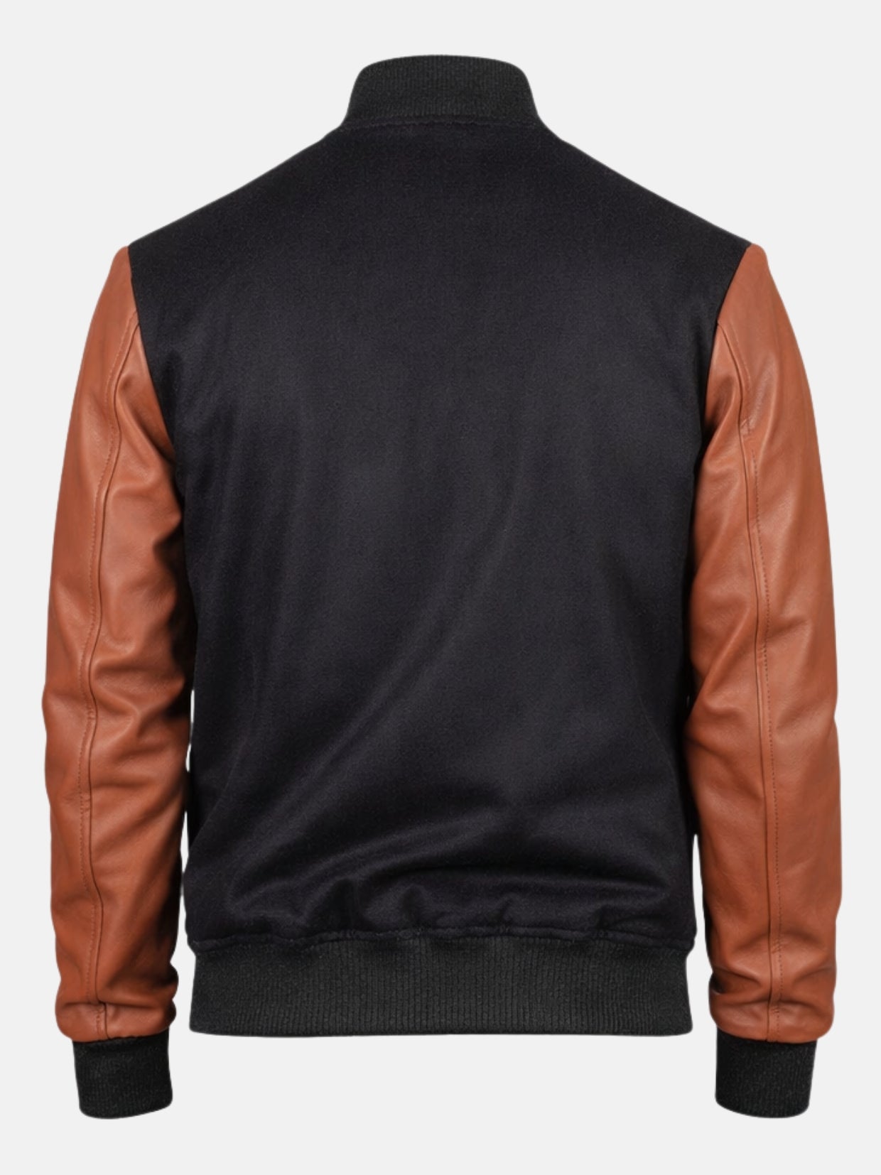 Blank black back of varsity jacket with cognac brown sleeves, ready for custom patches