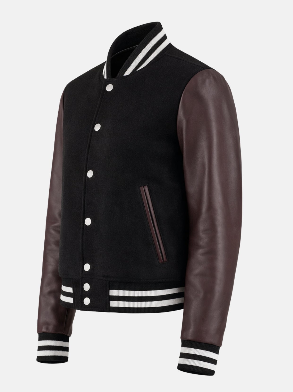 Angled view of black and burgundy varsity jacket with snap placket and hem tab