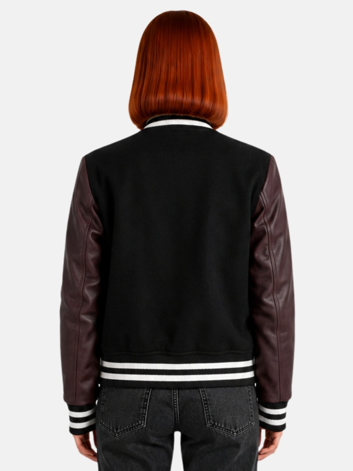 Back view of womens black varsity jacket with burgundy sleeves and clean back panel