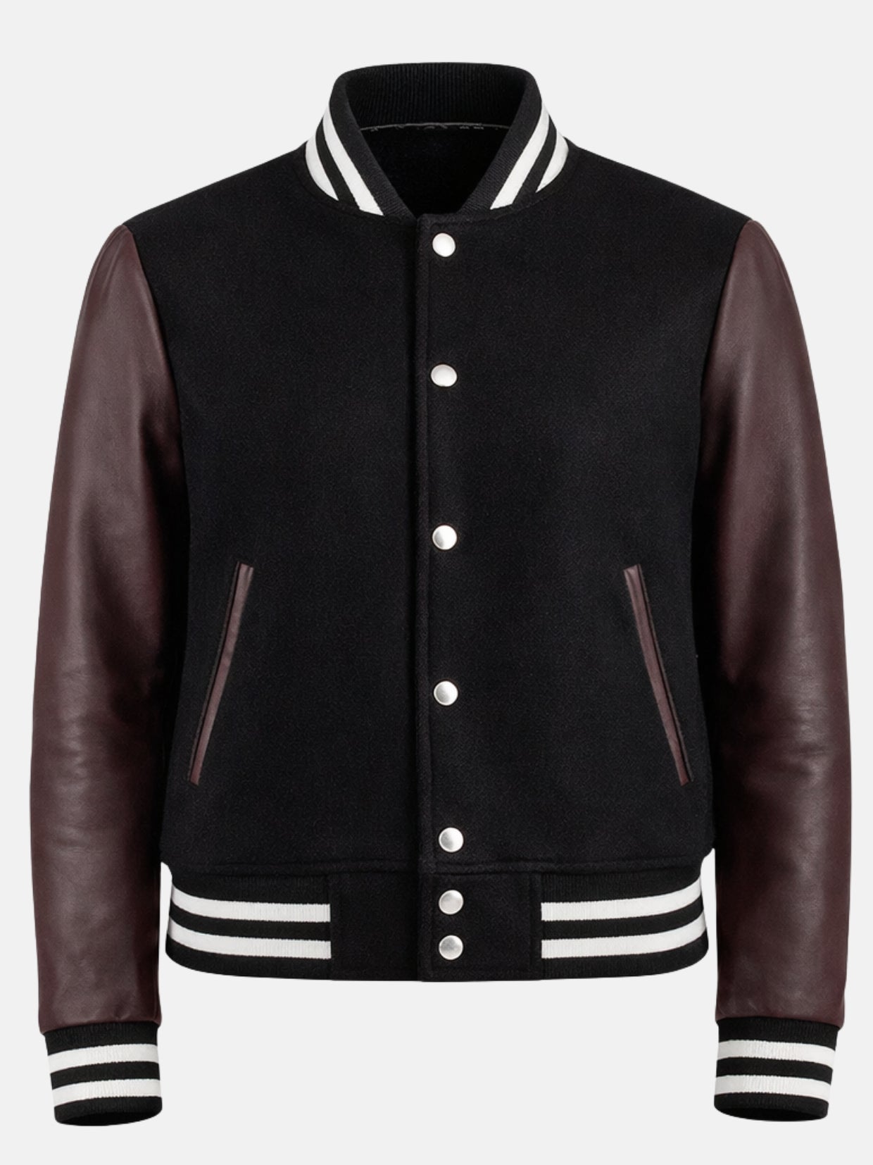 Black varsity jacket flat front with white snaps and burgundy-trimmed welt pockets