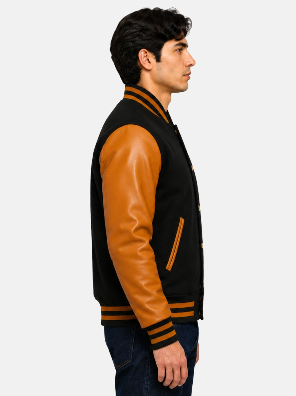 Side profile of black and gold baseball-collar jacket with striped trims on model
