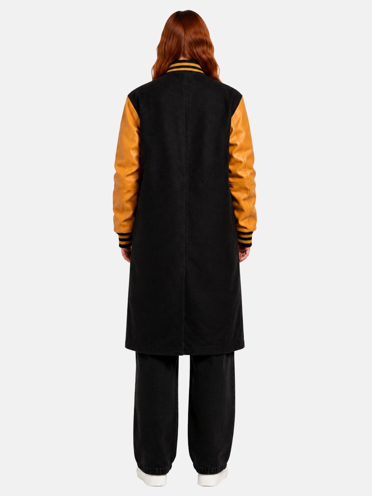 Women's black and gold bomber varsity coat, full back view