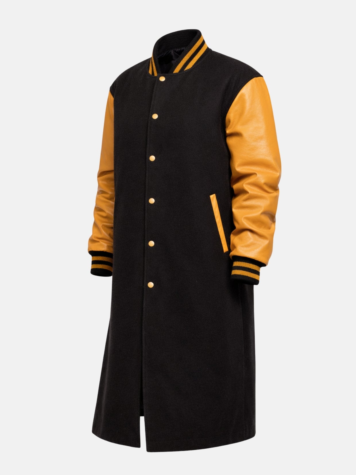 Women's black and gold bomber varsity coat, flat lay three-quarter angle