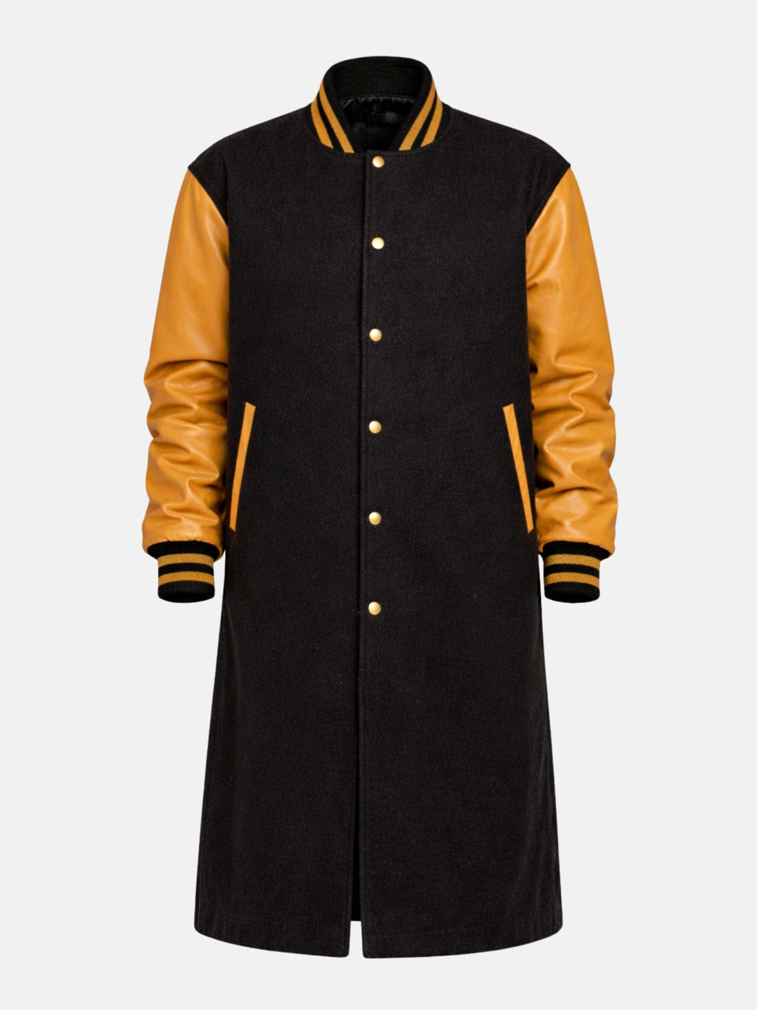 Women's black and gold bomber varsity coat, front view