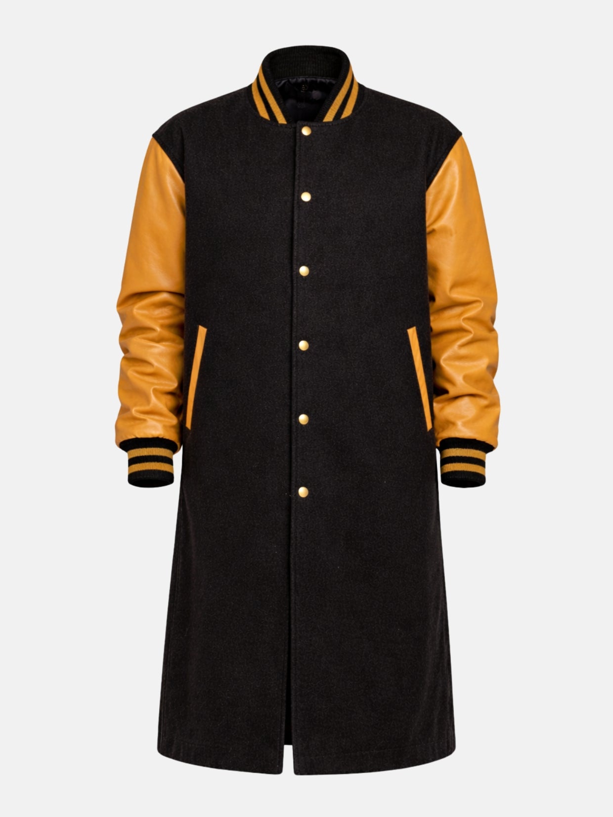 Women's black and gold bomber varsity coat, flat lay front