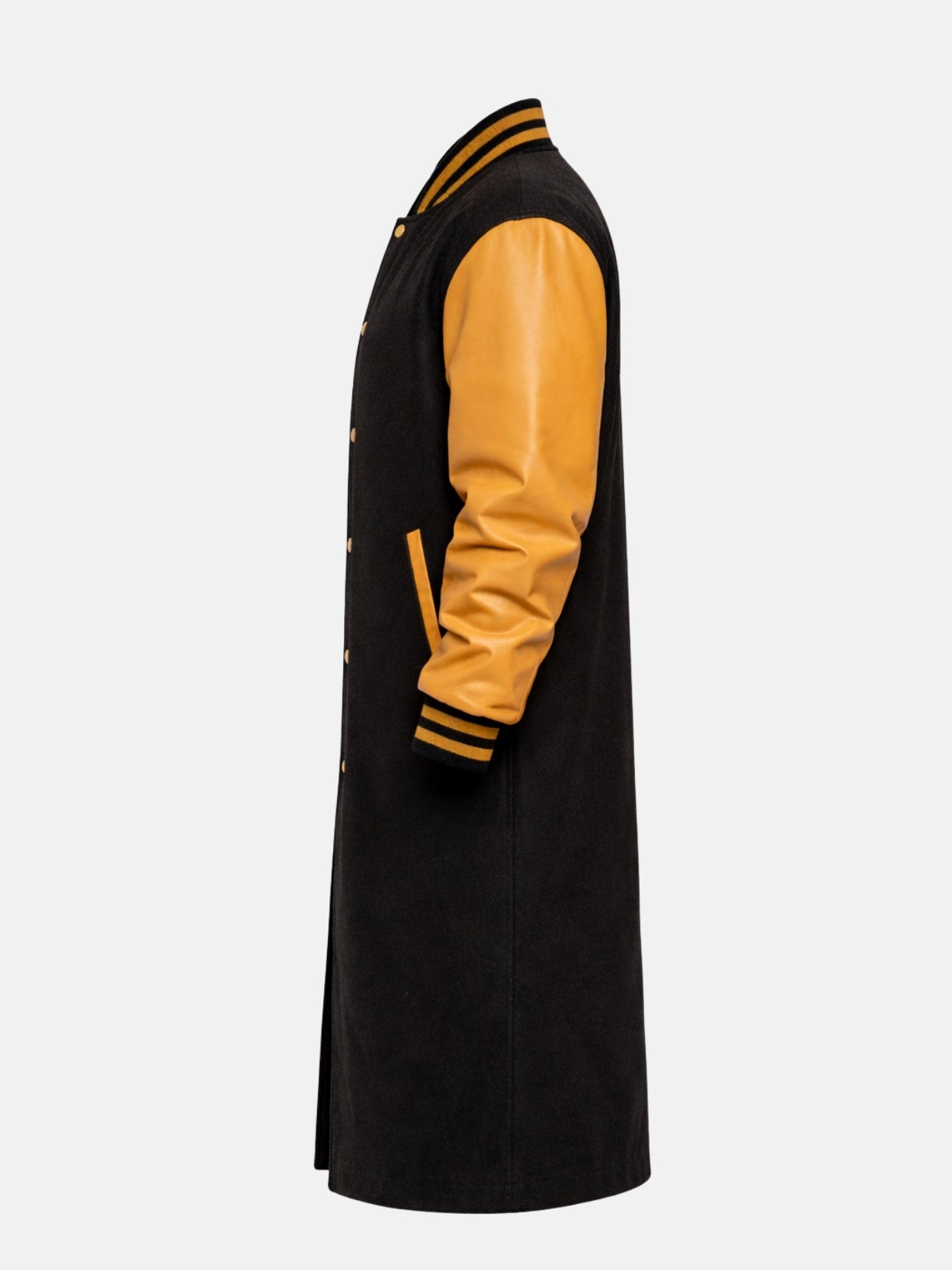 Women's black and gold bomber varsity coat, flat lay side profile