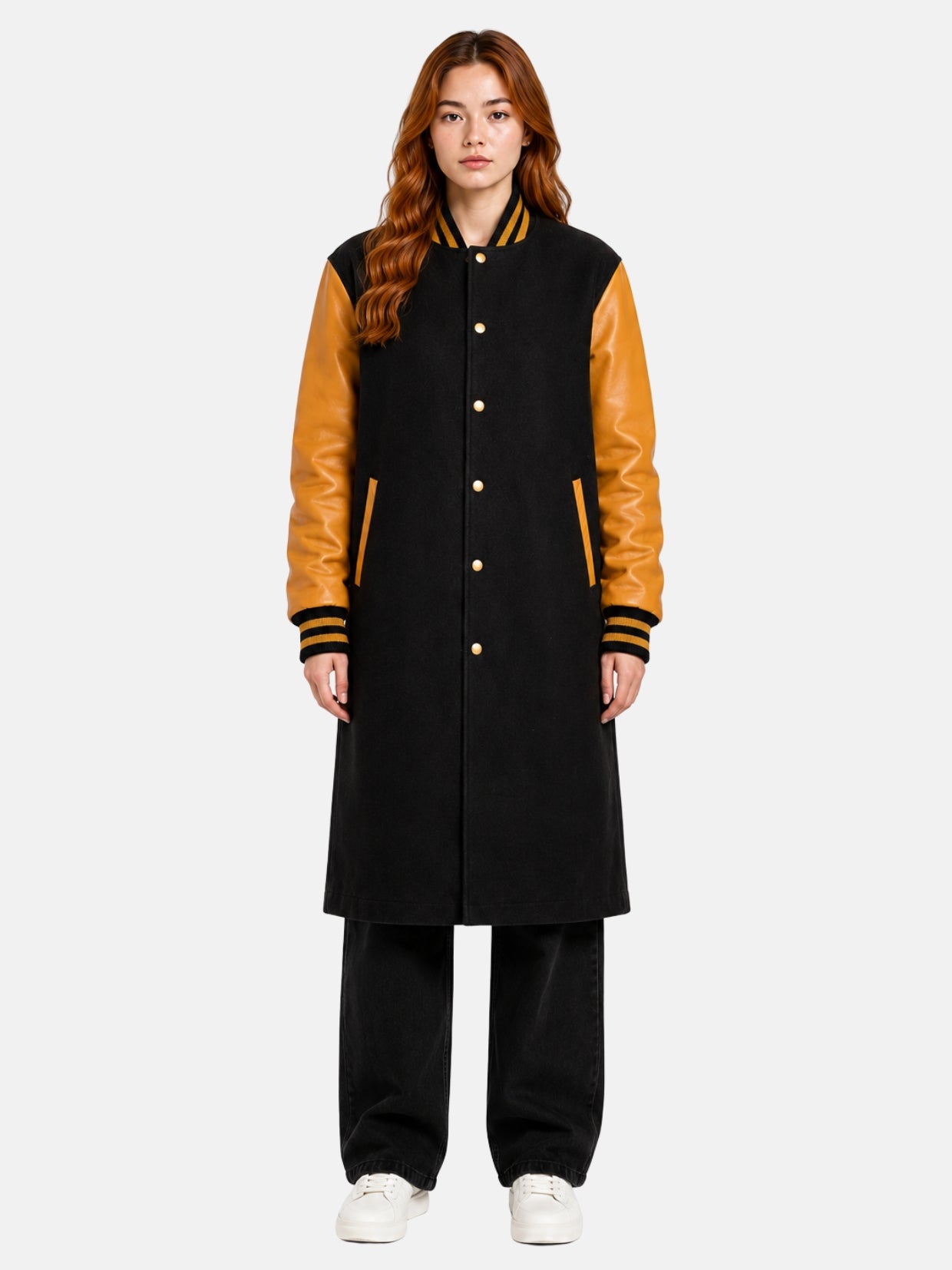 Women's black and gold bomber varsity coat, front view