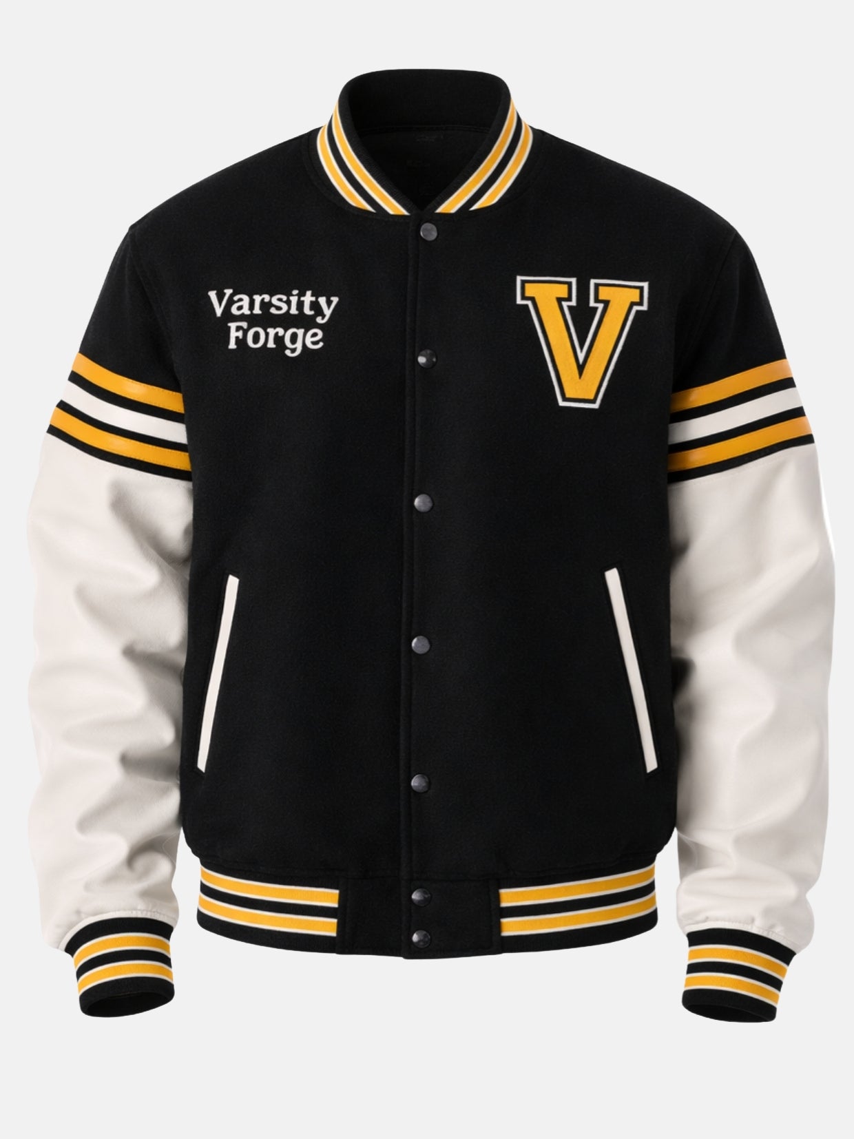 Black varsity jacket with gold chenille V patch, embroidered script and white leather sleeves