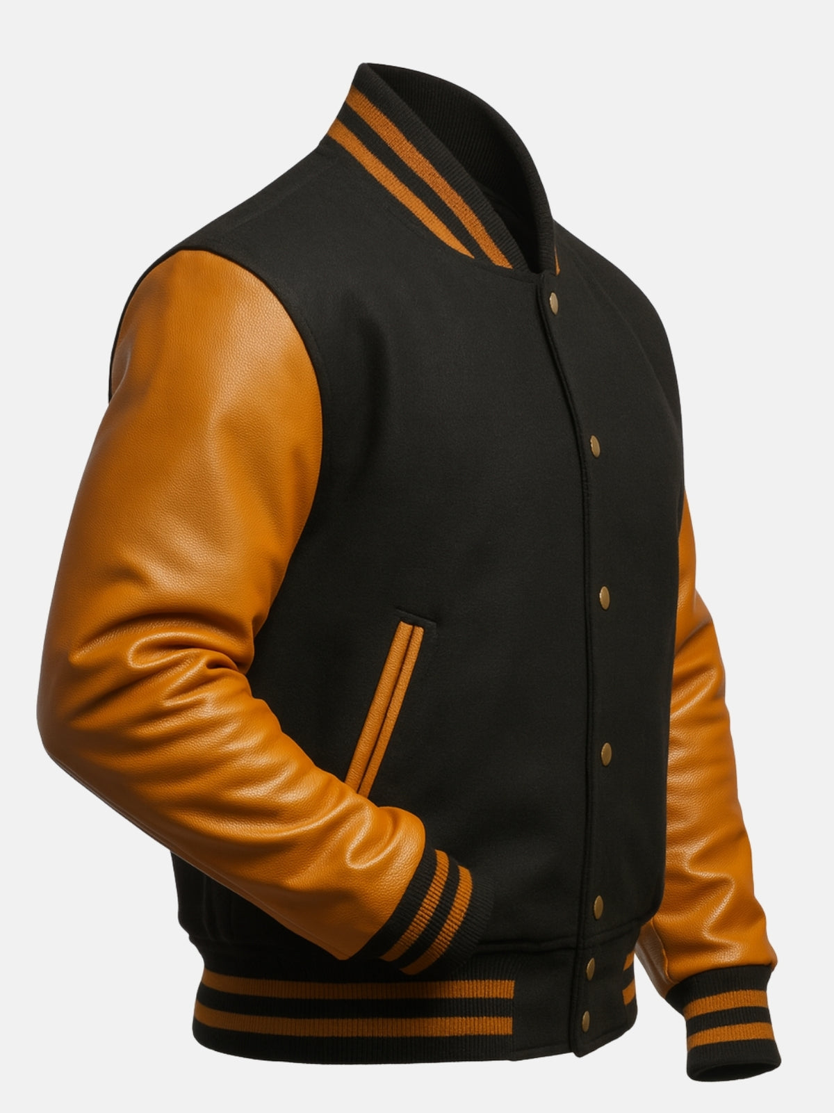 Black and gold letterman jacket showing pebbled cowhide sleeve and gold-piped welt pocket