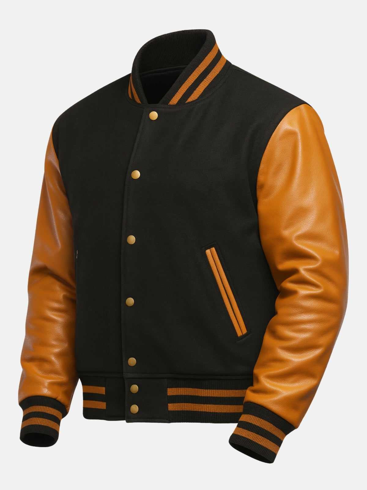 Angled view of black melton wool varsity jacket with caramel gold leather sleeves
