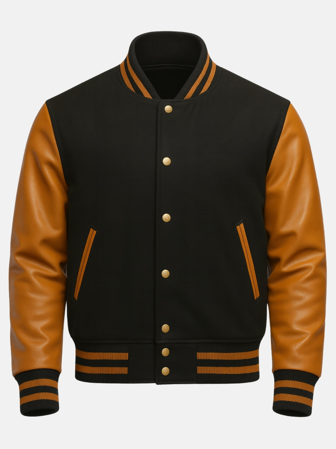 Man wearing black and gold varsity jacket in size Medium with dark denim, front view