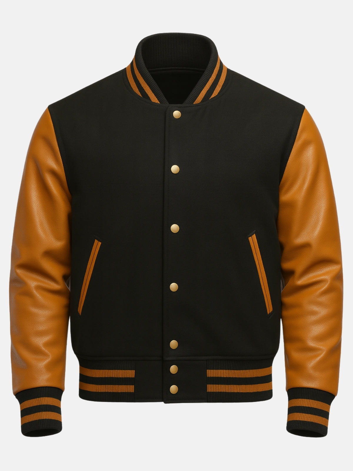 Black and gold varsity jacket with antique brass snaps and striped rib-knit collar, front view