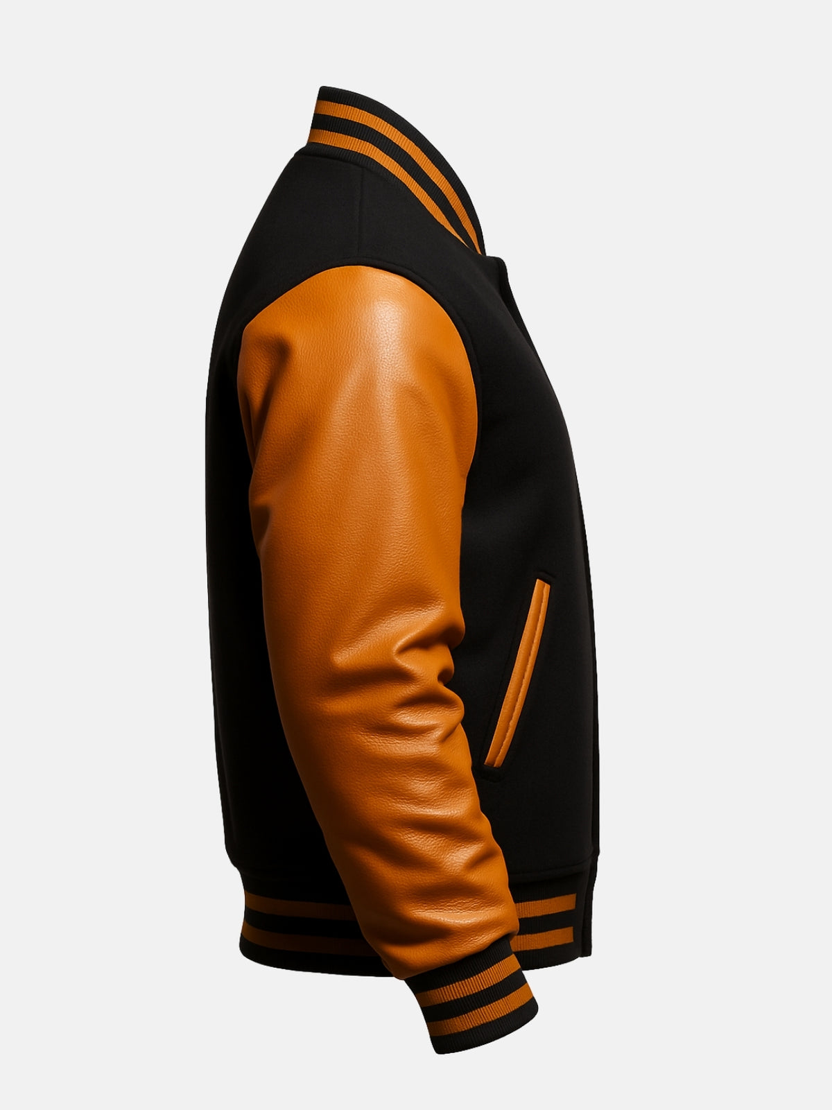 Pebbled caramel gold cowhide sleeve with black and gold striped knit cuff
