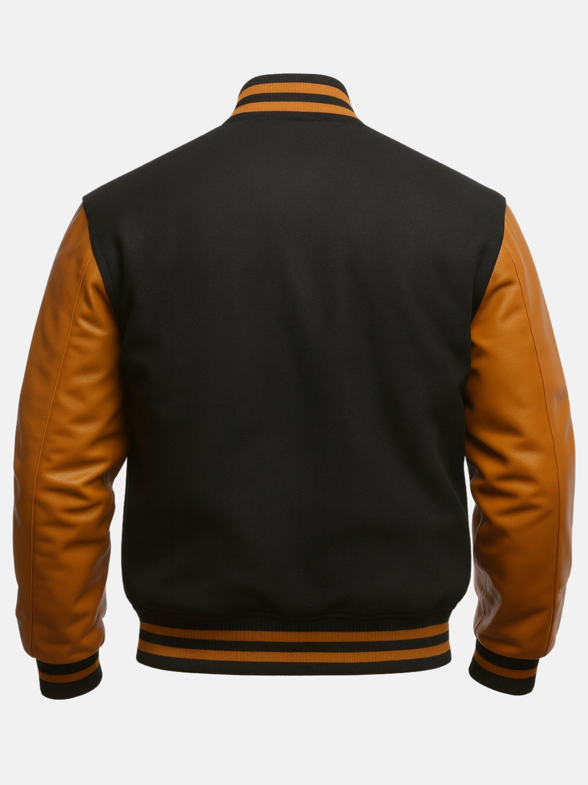 Blank back panel of black and gold varsity jacket, ready for chenille letters or custom patches