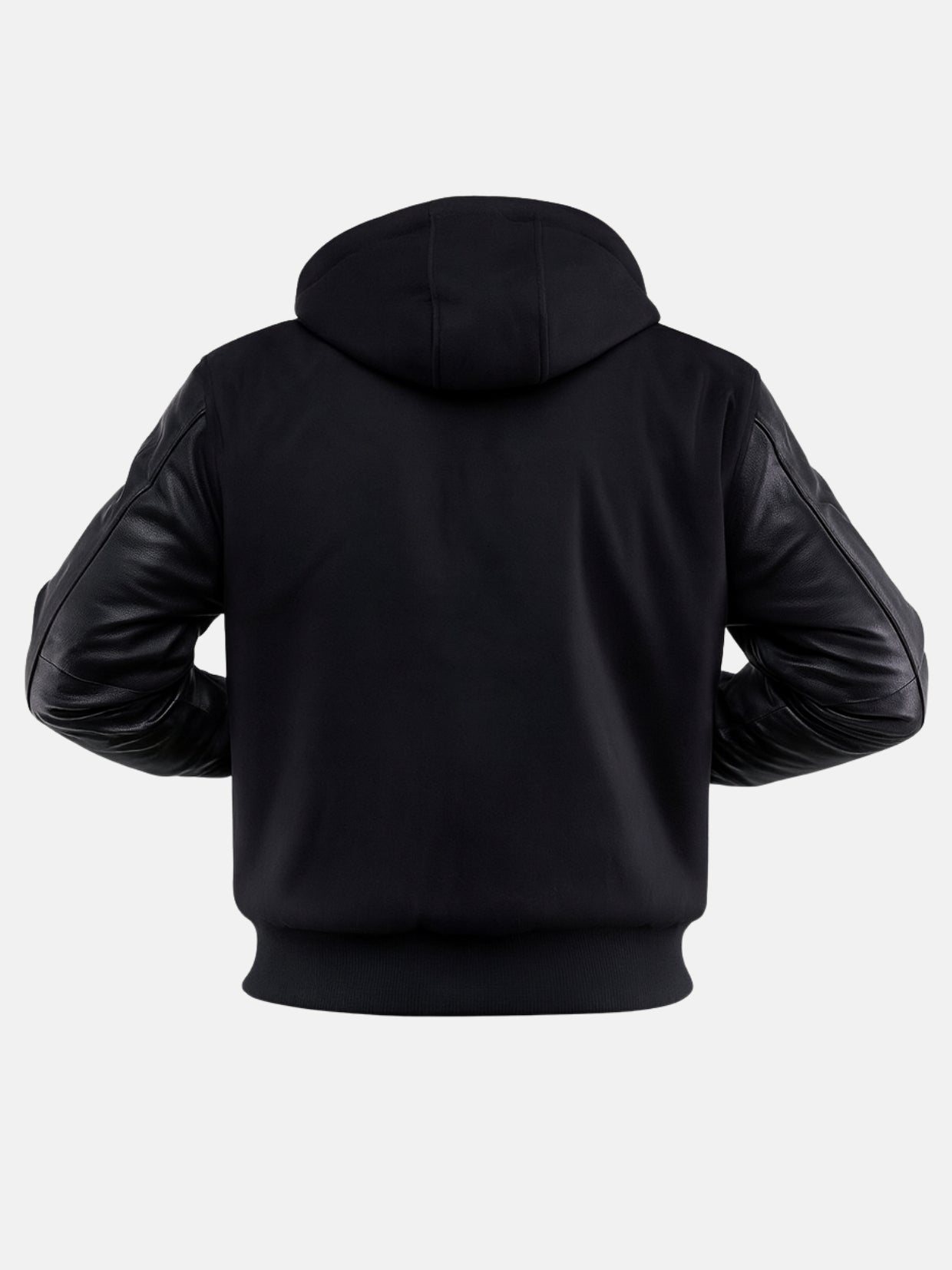 Plain back of black hooded varsity jacket with leather sleeves, customization-ready