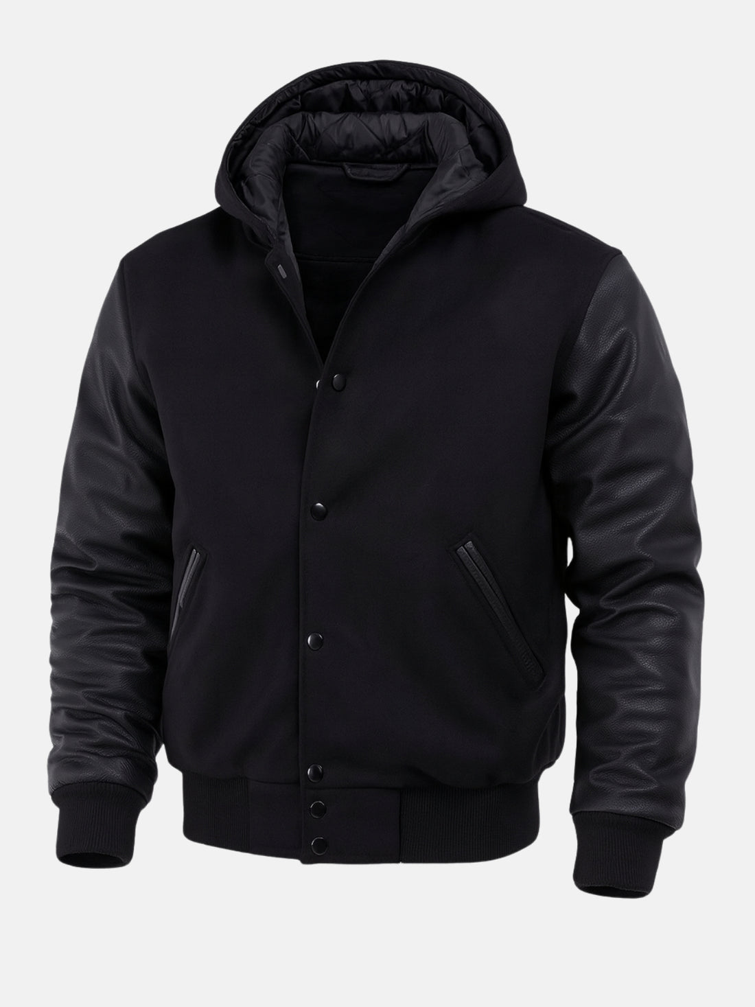 Man wearing black hooded varsity jacket with leather sleeves and matte snaps, size Medium