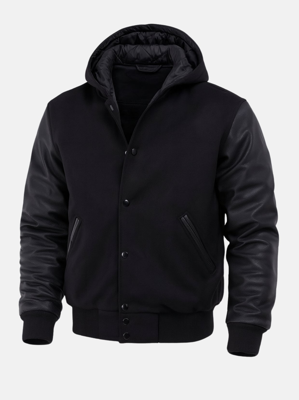 Black hooded varsity jacket with quilted-lined hood and Varsity Forge neck label, front view