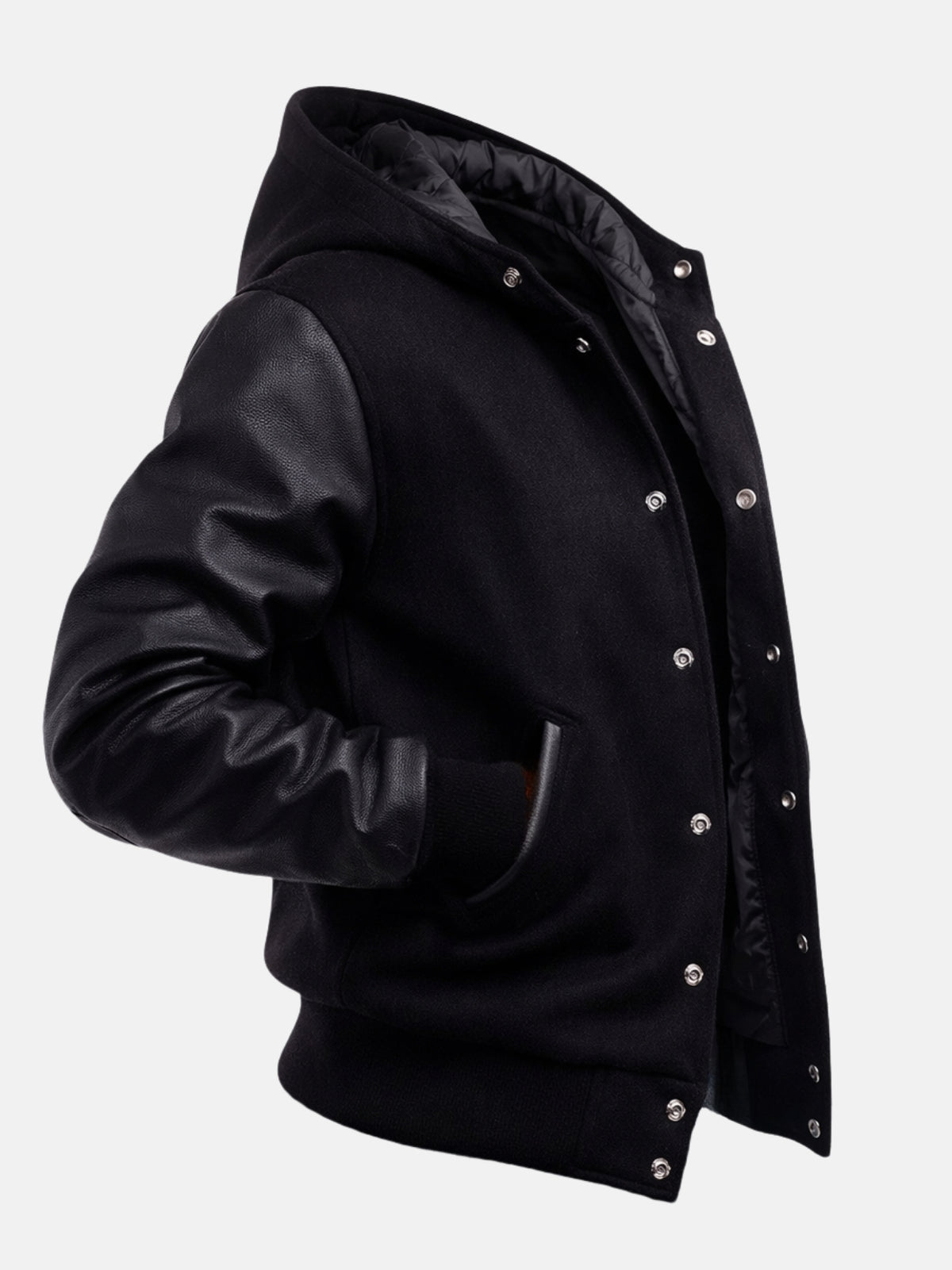 Angled view of black hooded varsity jacket with hood and snap placket