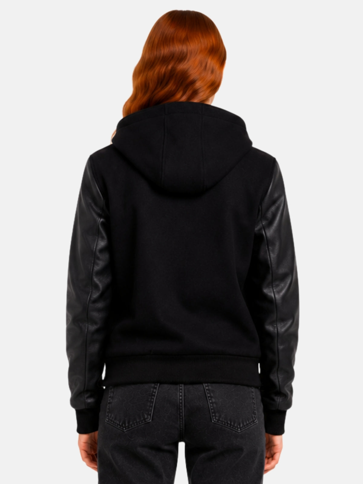 Back view of womens black hooded varsity jacket with hood down, clean back panel