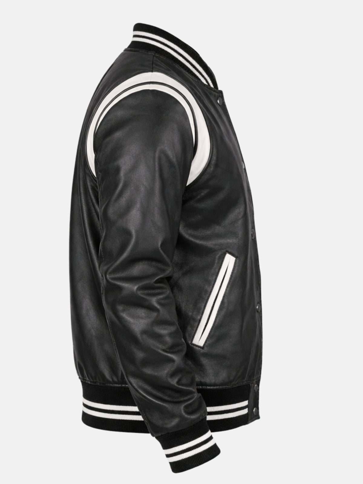 Curved white shoulder panel set into black leather baseball-collar jacket, side view