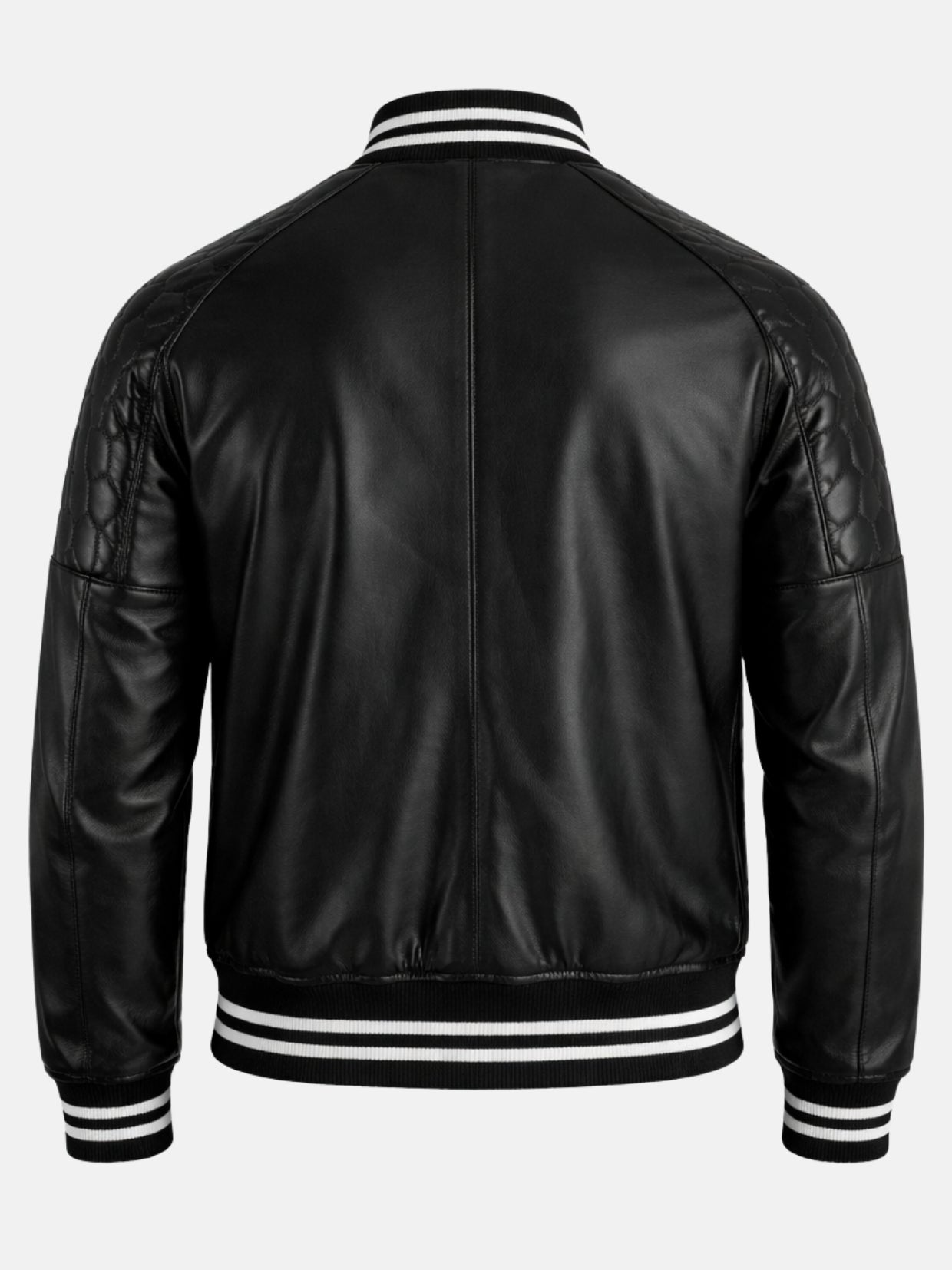 Back of black leather bomber jacket with center seam and striped white ribbing