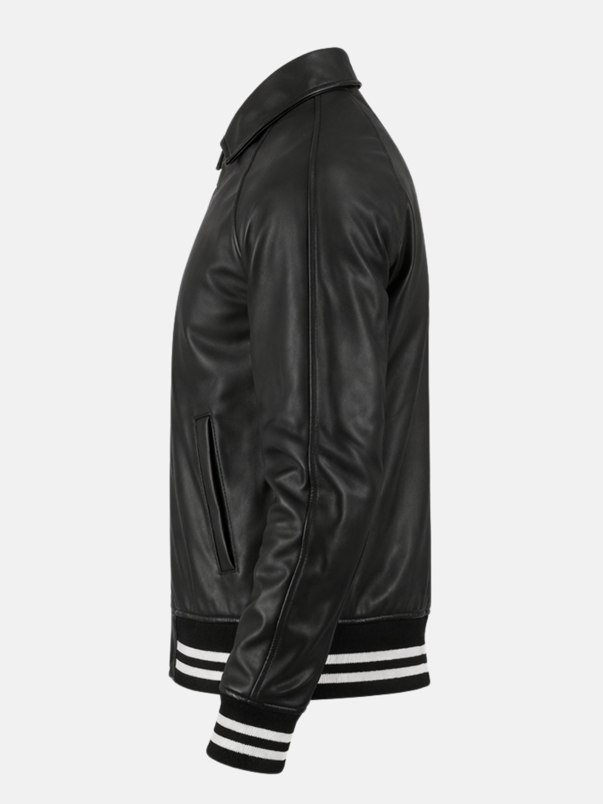 Right side of black leather collared letterman jacket with raglan seam