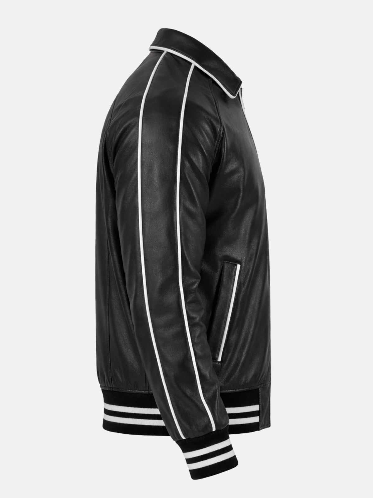 White contrast piping along raglan sleeve of black leather college jacket, side view