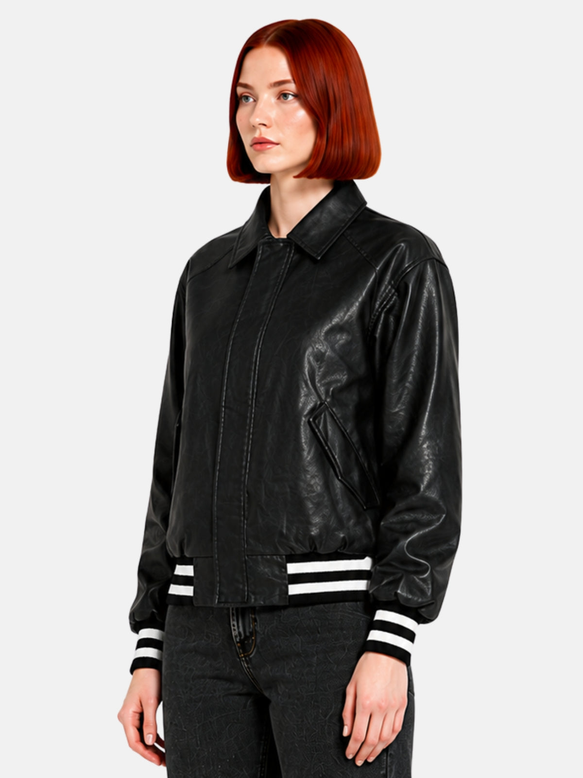 Angled view of black leather jacket showing oversized sleeve and striped ribbed hem