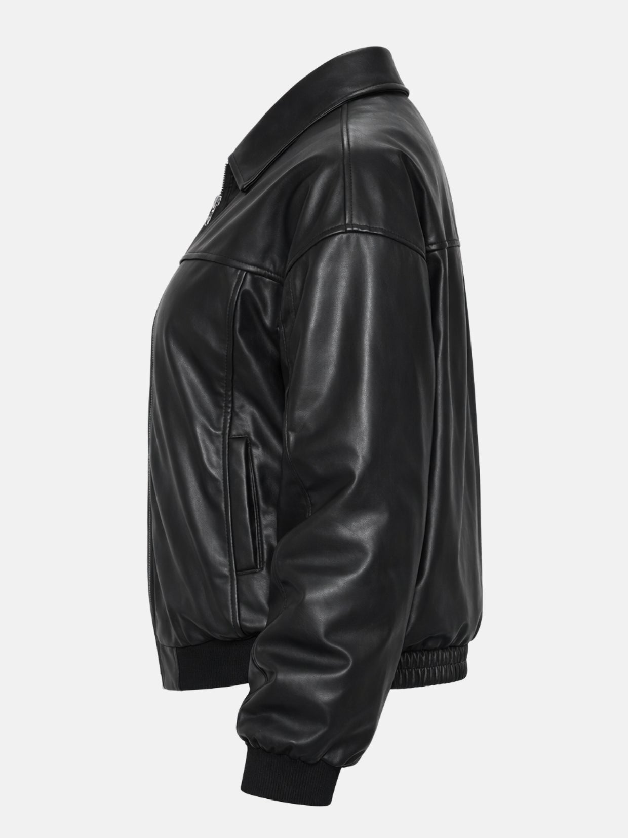 Flat lay side view of black leather bomber jacket showing ribbed cuff detail