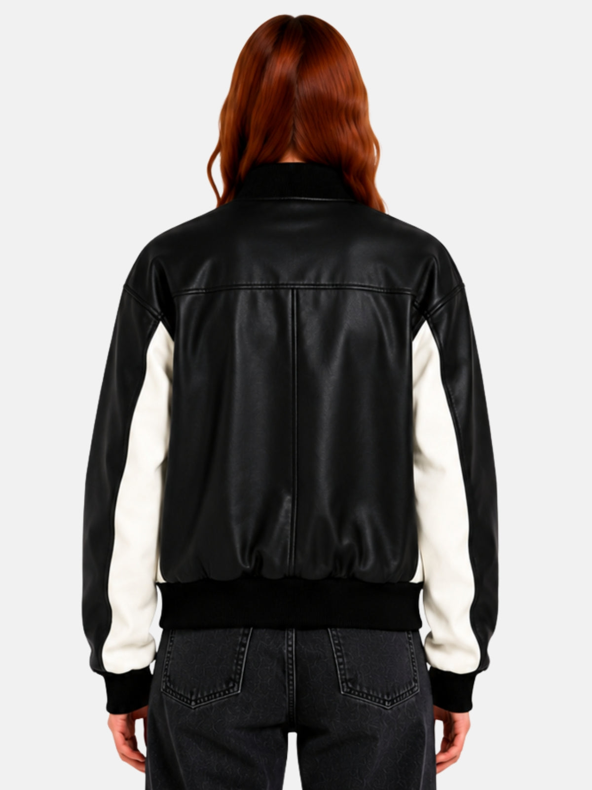 Back view of black leather jacket showing solid black back panel