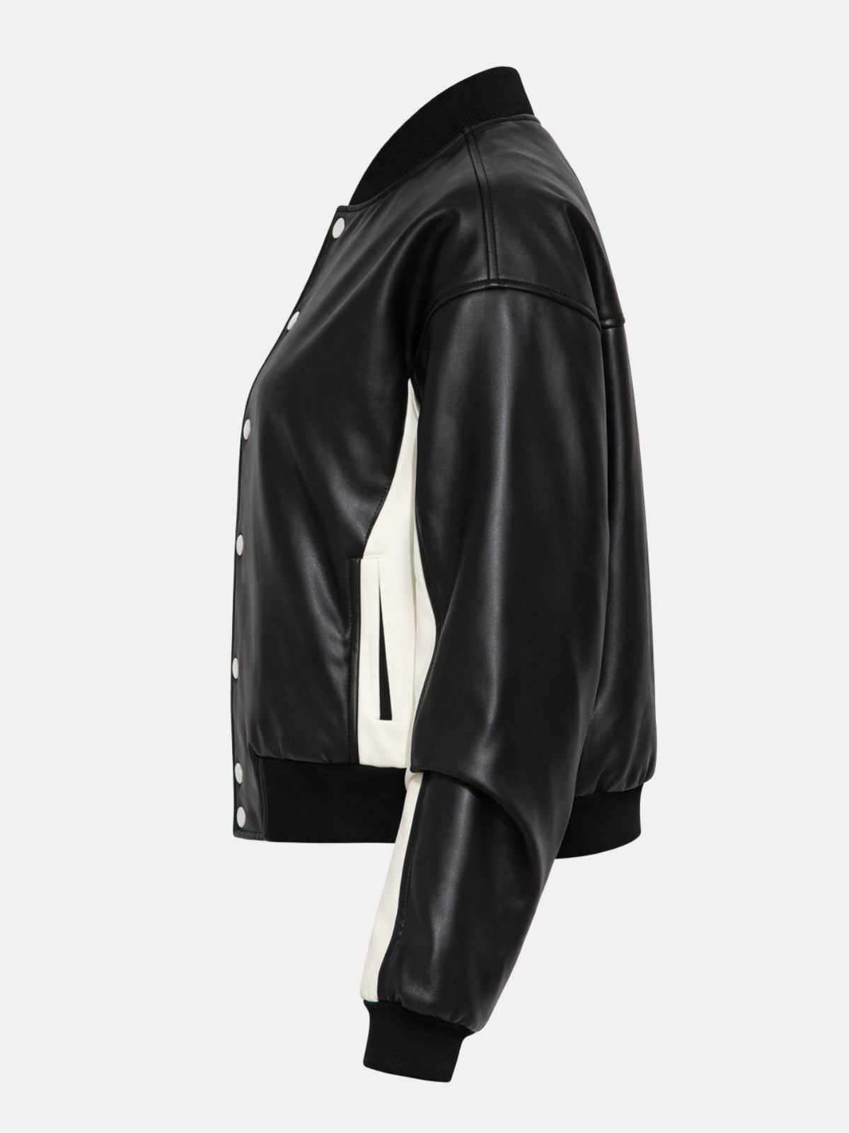 Flat lay side view of black leather jacket showing the cream inner sleeve panel