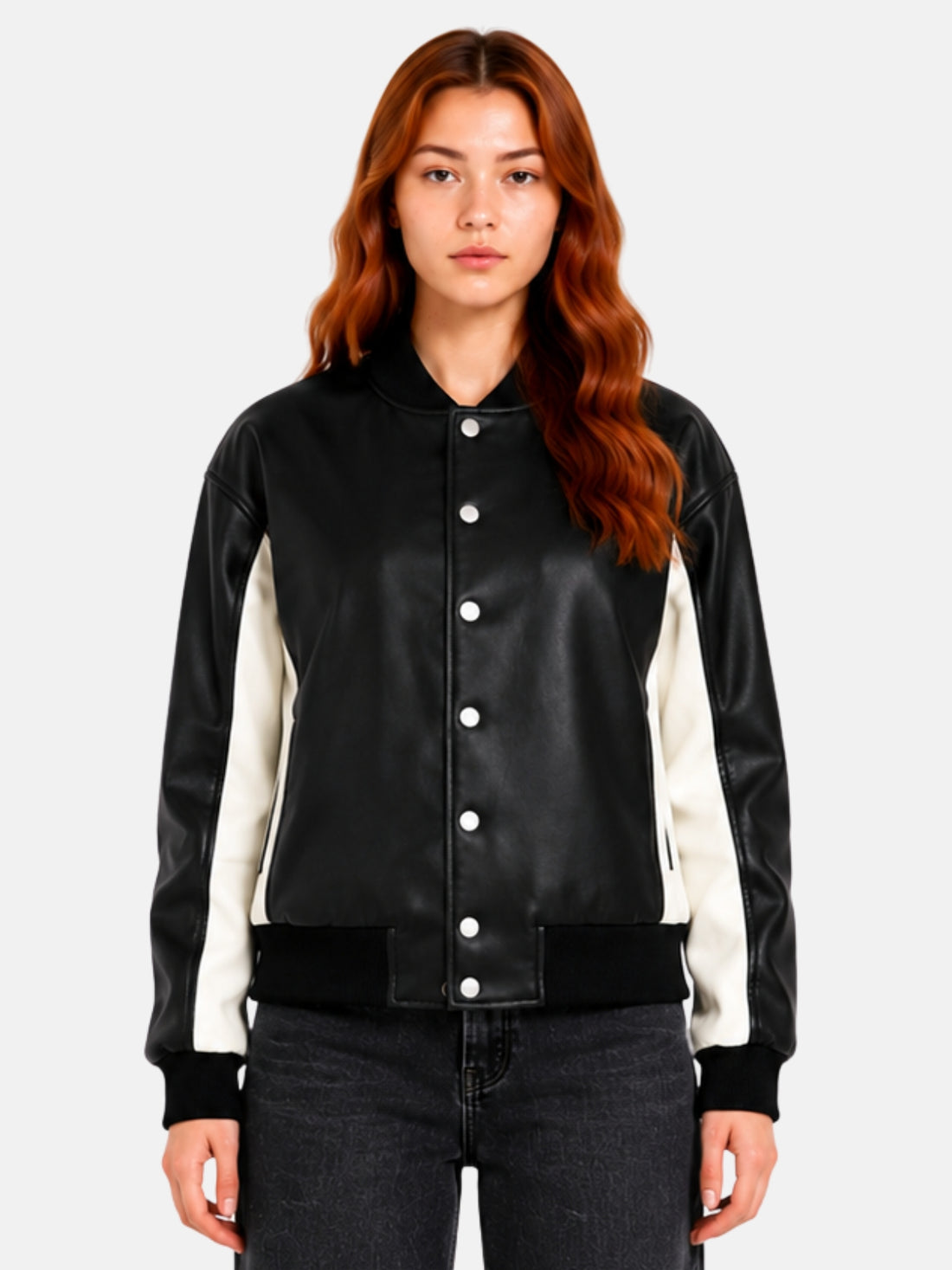 Black leather jacket with cream side panels and silver snap buttons on model