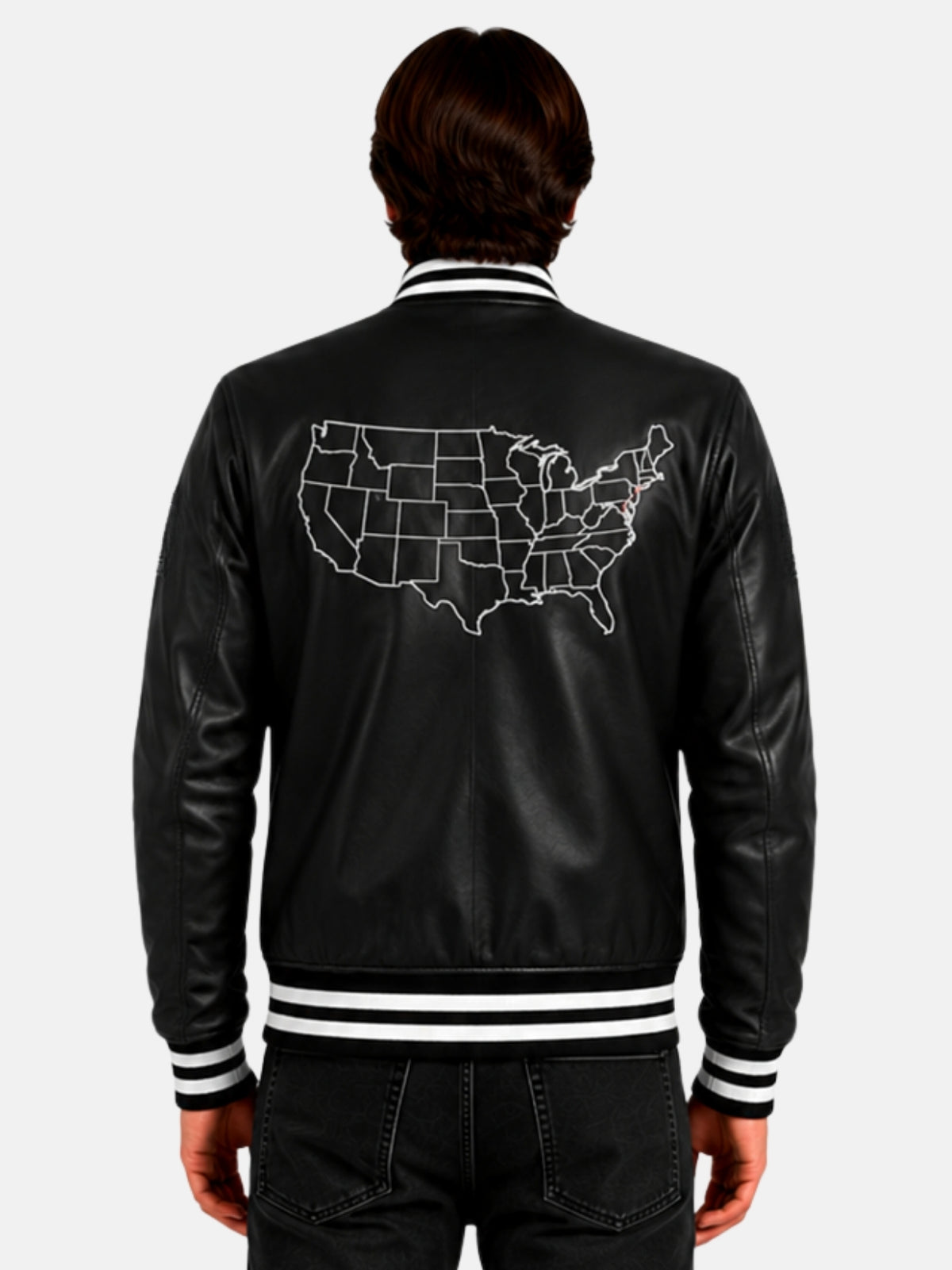 Model showing USA map embroidery on back of all black leather letterman jacket